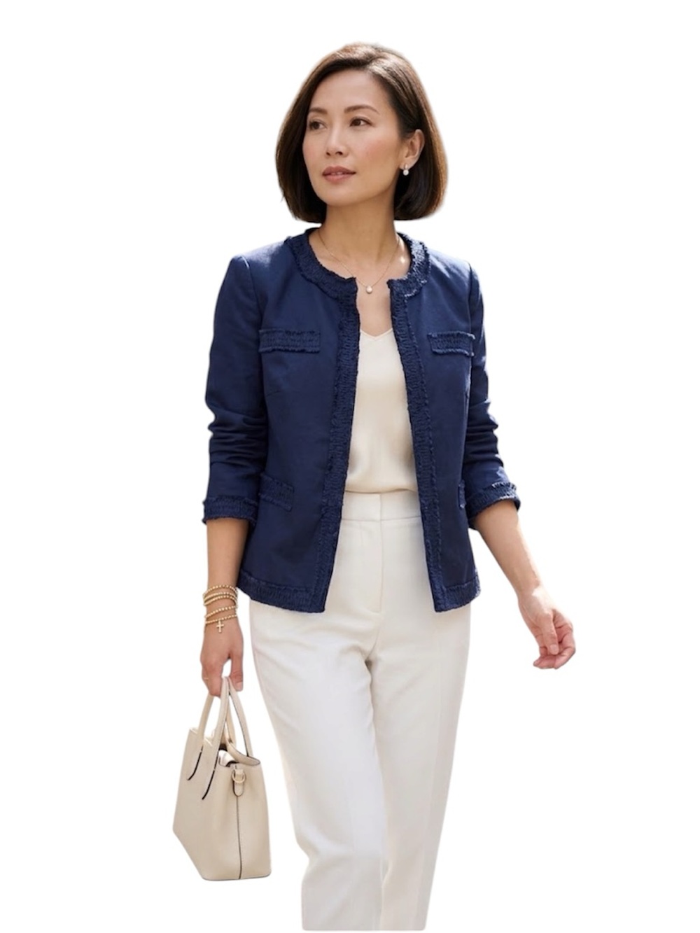 Talbots Navy Fringe-Trim Cropped Jacket Size: 6P